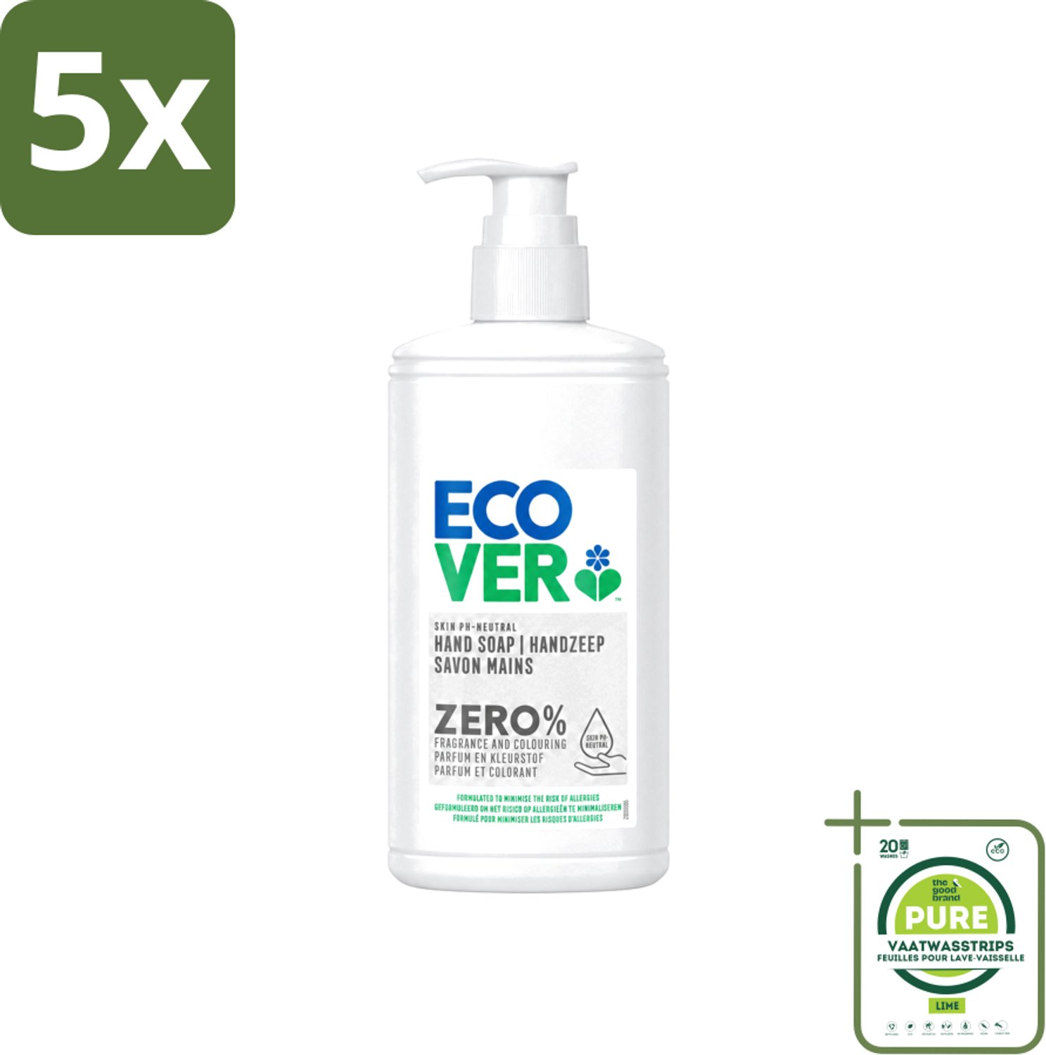 5 x Ecover - Handzeep ZERO - Parfumvrij - 250 ml - Grootverpakking - Vaatwasstrips - Handzeep - Parfumvrije Handzeep - Hypoallergene Handzeep - Gevoelige Huid - Eczeem