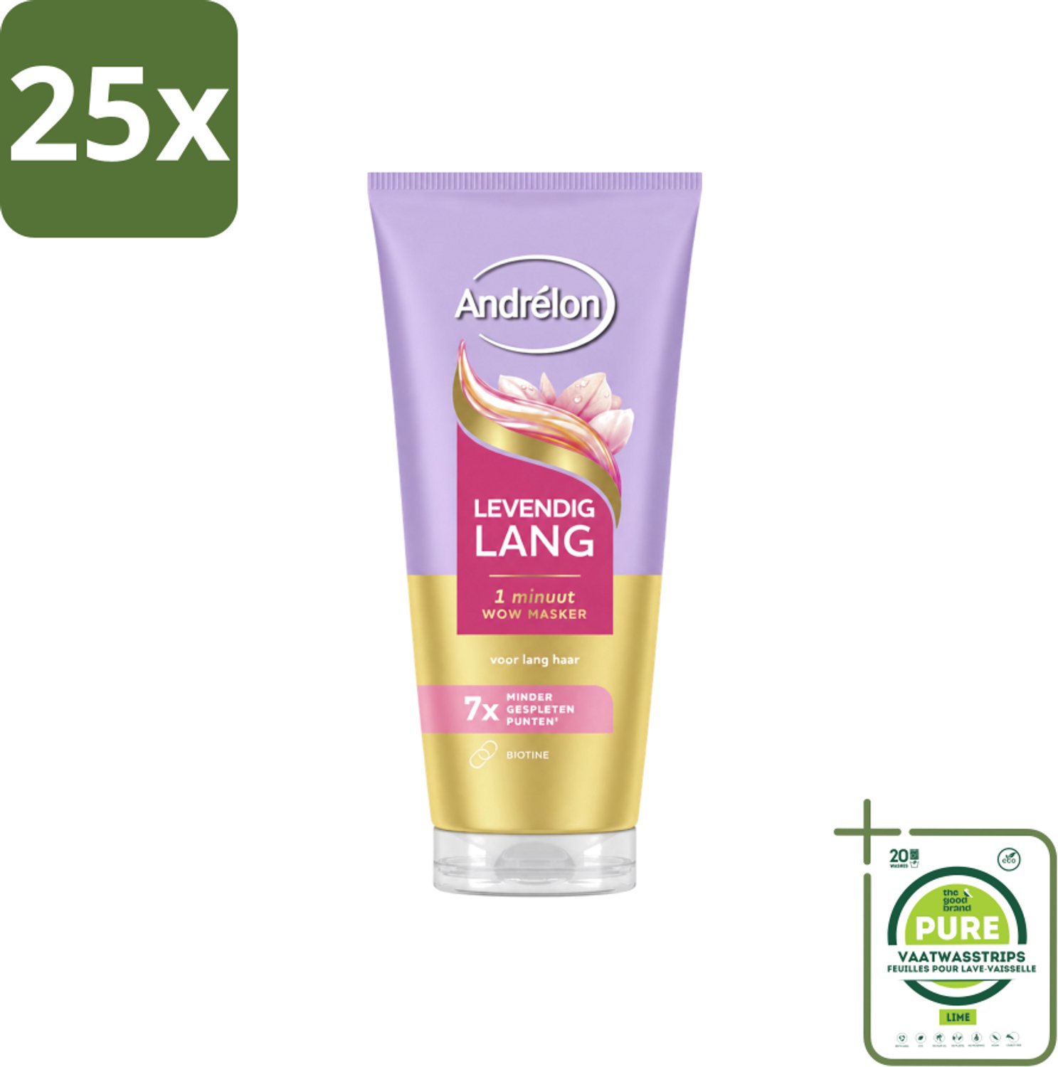 25 x Andrélon – Haarmasker WOW – Levendig Lang – 180 ml - Grootverpakking - Vaatwasstrips - Haarmasker - Lang Haar - Gespleten Punten - Haarversterking - Biotine