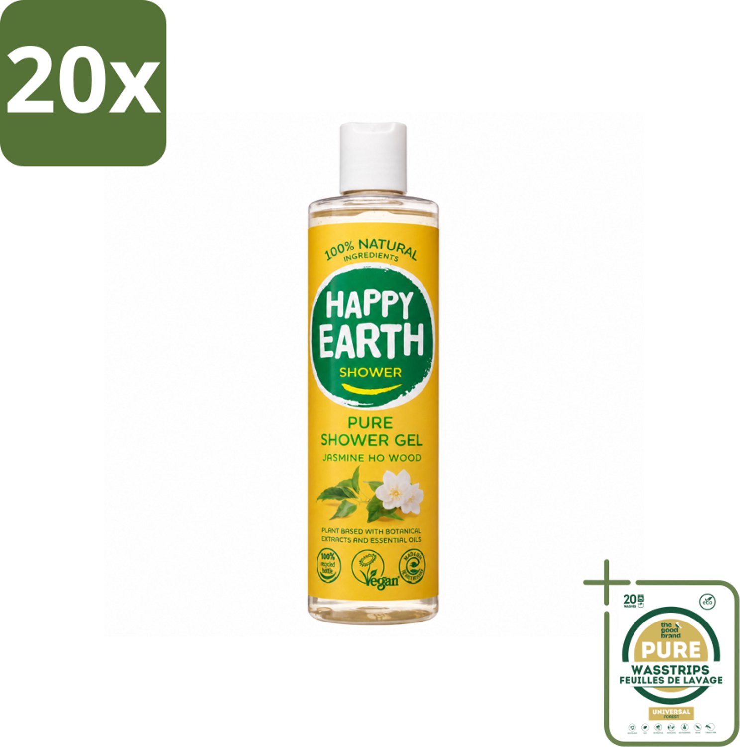 20 x Happy Earth – Douchegel – 100% Natuurlijk Jasmine Ho Wood – 300 ml - Wasstrips - Douchegel - Natuurlijke Douchegel - Vegan Douchegel - Jasmijn Douchegel - Ho Wood Douchegel