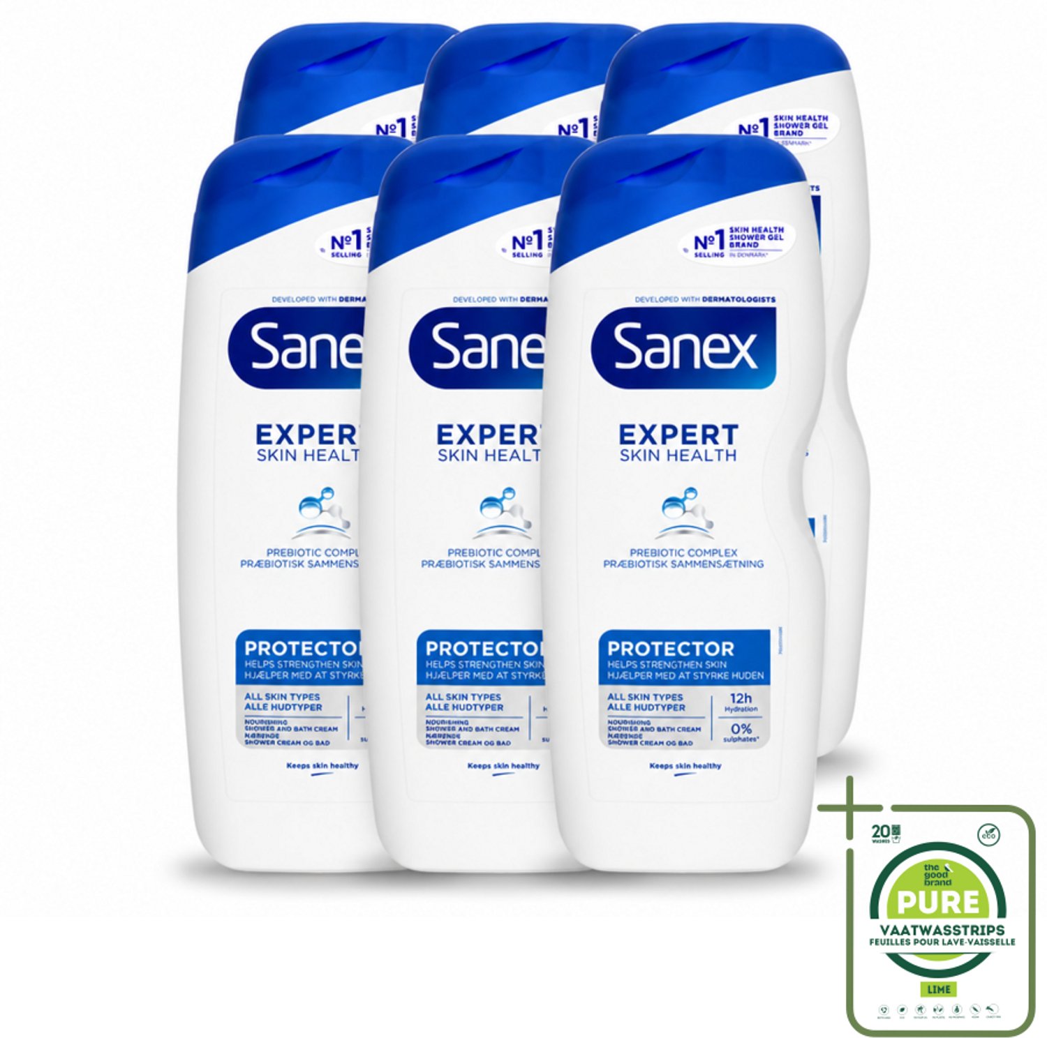 6 x Sanex – Douchegel – Expert Skin Health Protector – 600 ml - Grootverpakking - Vaatwasstrips - Huidversterkend - Huidbarrière - Hydratatie - Pre- En Postbiotica - Gezond Huidmicrobioom