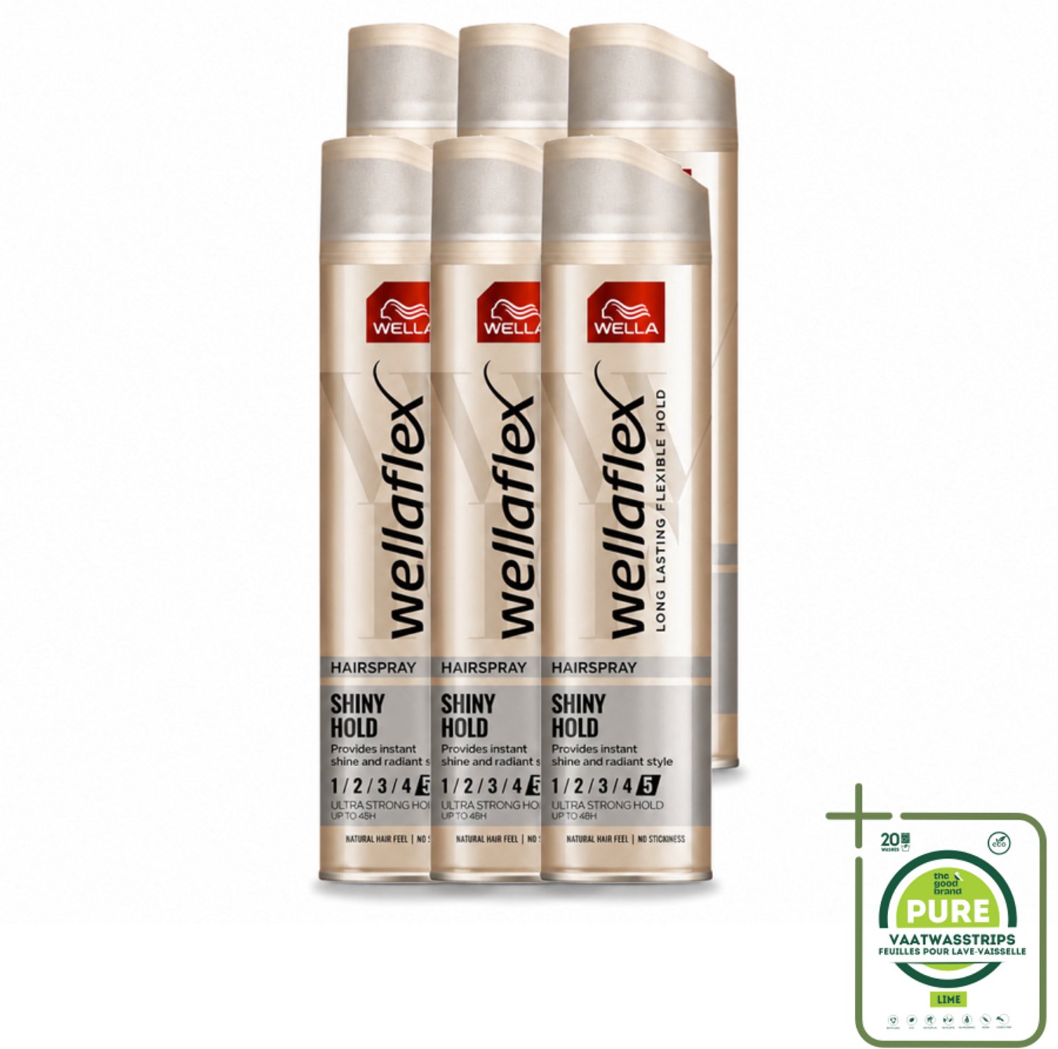 6 x Wella – Flex Shine Ultra Strong – Haarspray – 250 ml - Grootverpakking - Vaatwasstrips - Haarspray - Glans - Fixatie - Haarverzorging - Macadamia-olie