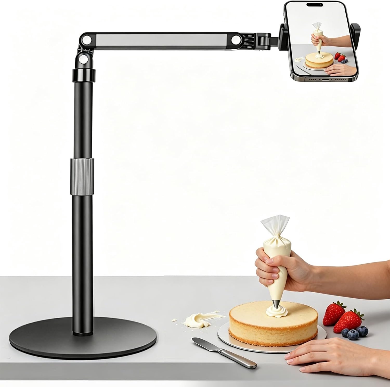 Telefoonhouder van metaal, statief voor smartphone, in hoogte verstelbaar 18-70 cm, met 360° rotatie, telefoonhouder voor films, streaming, videoconferenties en telewerken