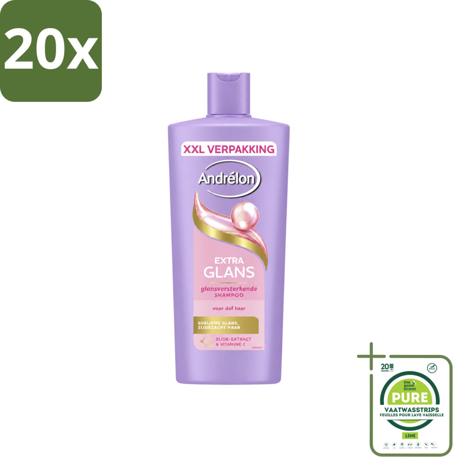 20 x Andrélon – Shampoo – Extra Glans – 685 ml - Grootverpakking - Vaatwasstrips - Glans Haar - Zijde Extract - Vitamine C - Stralende Haar - Gezonde Glans