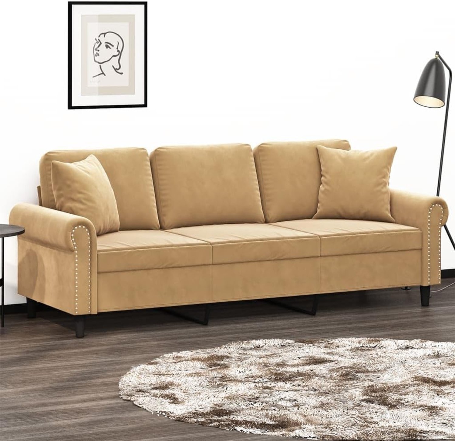 3-zitsbank, 180 cm, fluweel, bruin, met sierkussen, modern design, metalen frame, comfortabel om te ontspannen, luxe stof, robuust, decoratief kussen, comfortabel