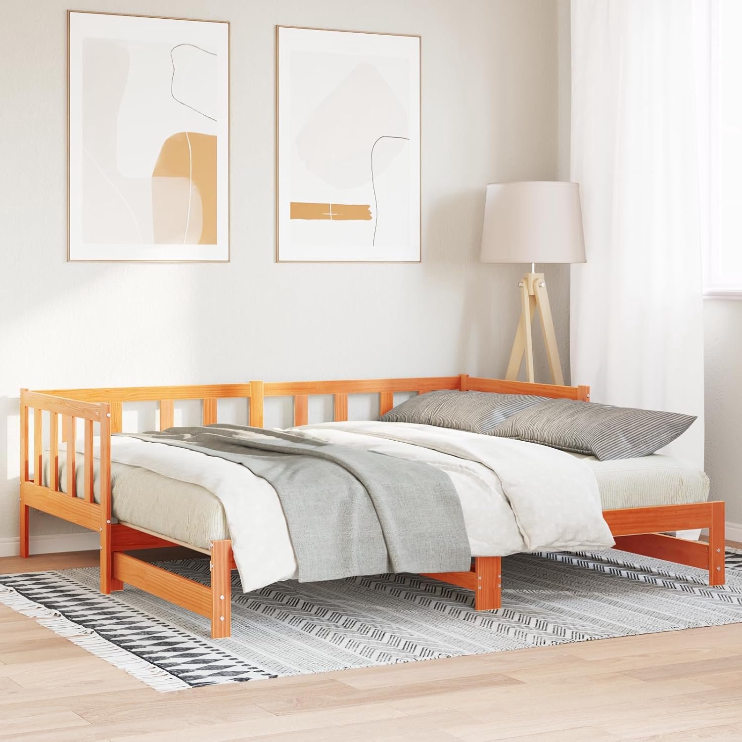 Dagbed met rolbed, walnootbruin, 180 x 200 cm, massief grenen, eenpersoonsbedframe voor een comfortabele slaap en eenvoudig design, duurzaam, robuust grenenhout