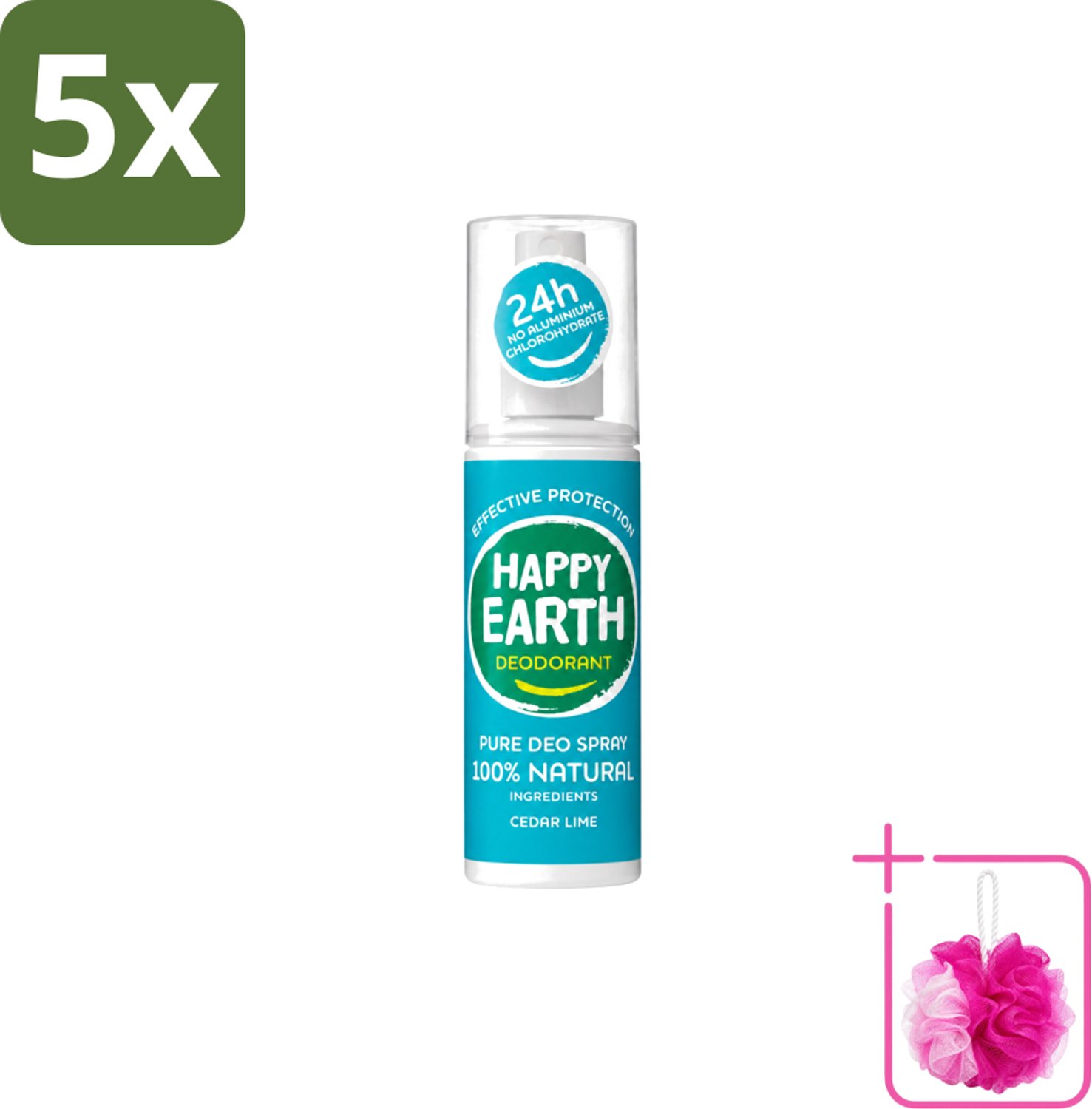 5 x Happy Earth – Deodorant Spray – 100% Natuurlijk Cedar Lime – 100 ml - Bulkverpakking - Deodorant spray - Douchemop - Fris geur