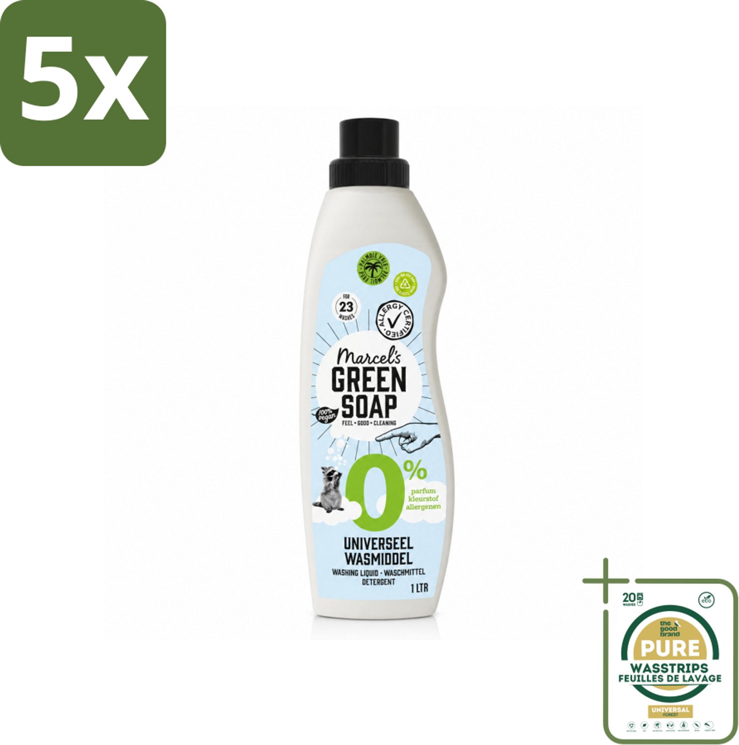 5 x Marcel’s Green Soap – Wasmiddel – Universeel - 0% – Zonder parfum en kleurstof – 1 liter - Wasstrips - Wasmiddel 0% Parfum - Gevoelige Huid Wasmiddel - Duurzame Wasmiddel - Geen Kleurstoffen - Geen Parfum