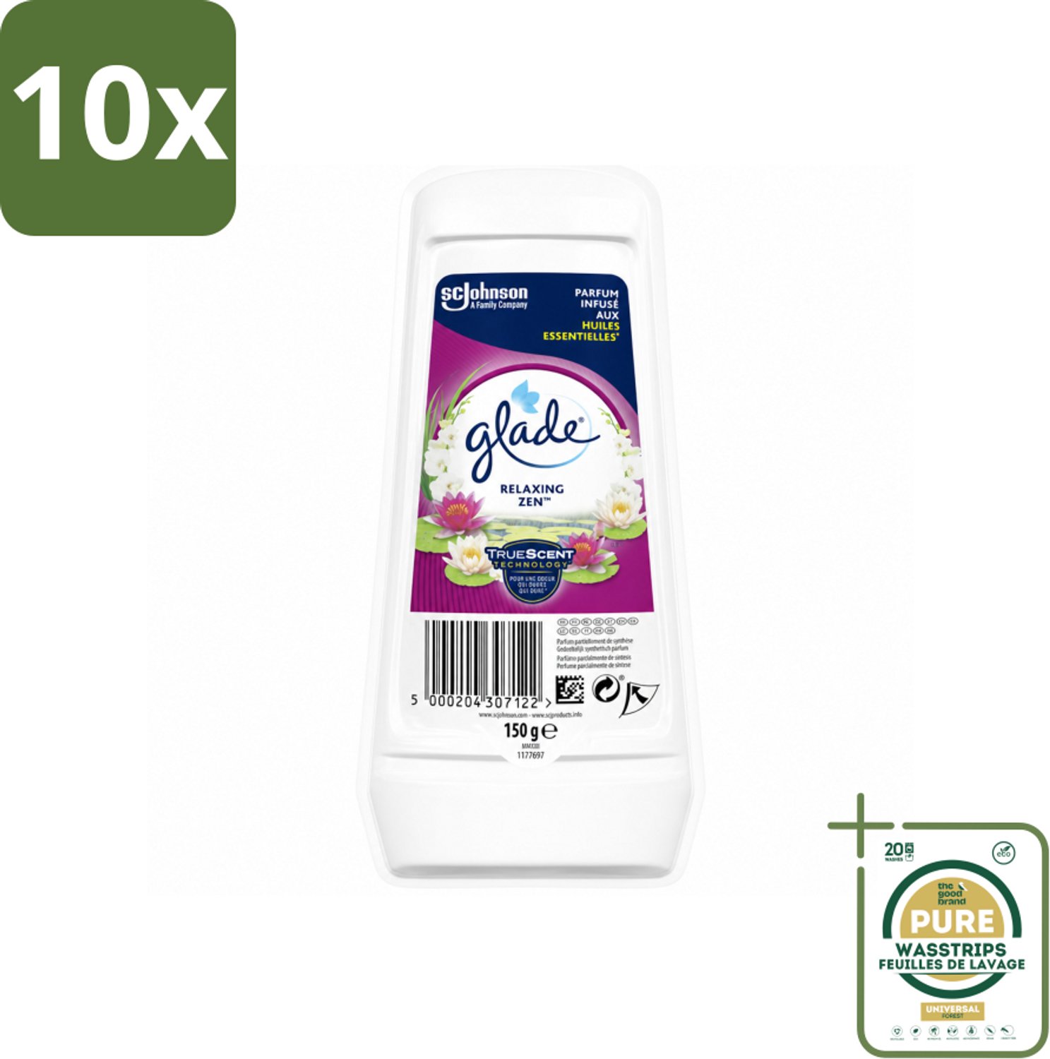 10 x Glade – Luchtverfrisser Gel – Relaxing Zen – 150 g - Wasstrips - Luchtverfrisser Gel - Ontspannende Geur - Geur Neutraliseren - Langdurige Frisheid - Essentiële Oliën