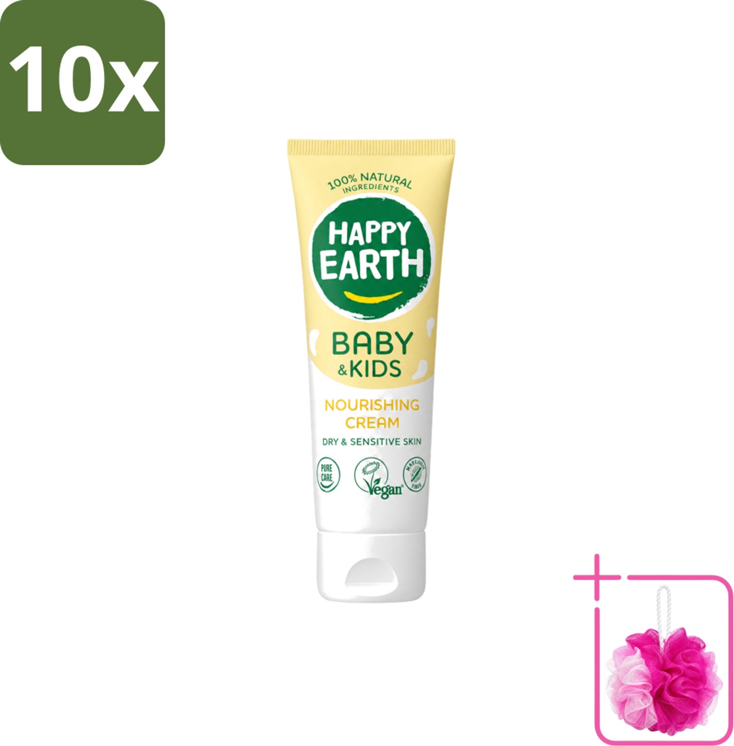 10 x Happy Earth – Nourishing Cream – 100% Natuurlijk Baby & Kids – 75 ml - Bulkverpakking - Natuurlijke crème - Douchemop - Gevoelige huid