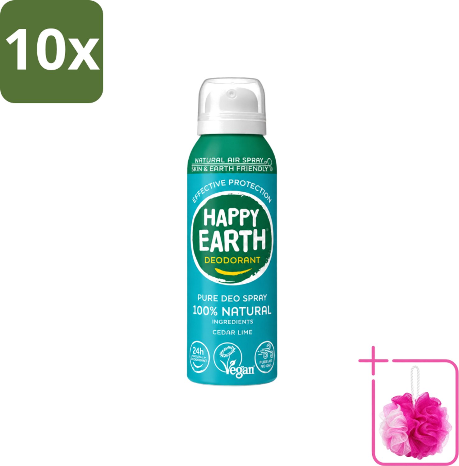 10 x Happy Earth – Deodorant Natural Air Spray – 100% Natuurlijk Cedar Lime – 100 ml - Bulkverpakking - Natuurlijke deodorant - Douchemop - Cederhout en limoen