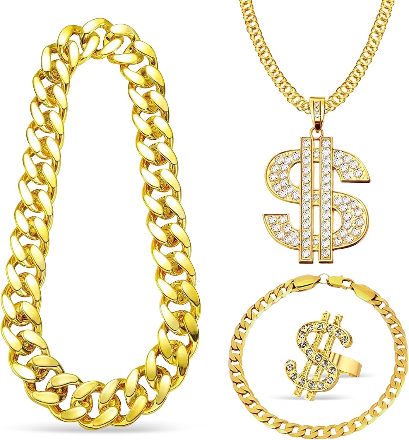 4-delige hiphop-kostuumset, hiphop-rapperkostuum, jaren 80 en 90 accessoires voor heren, met gouden ketting, dollar, halsketting, ring, armband, voor carnaval, themafeesten
