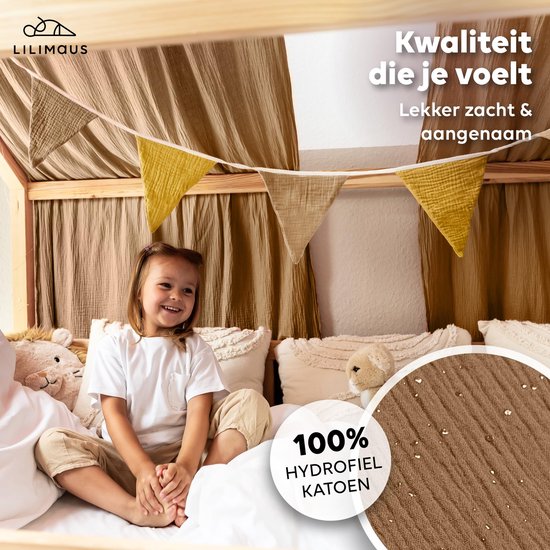 LILIMAUS Huisbed hemeltje met gouden details - bedhemel voor huisbed - 67,5 x 270 cm - mousseline katoen - bruin — afbeelding 2