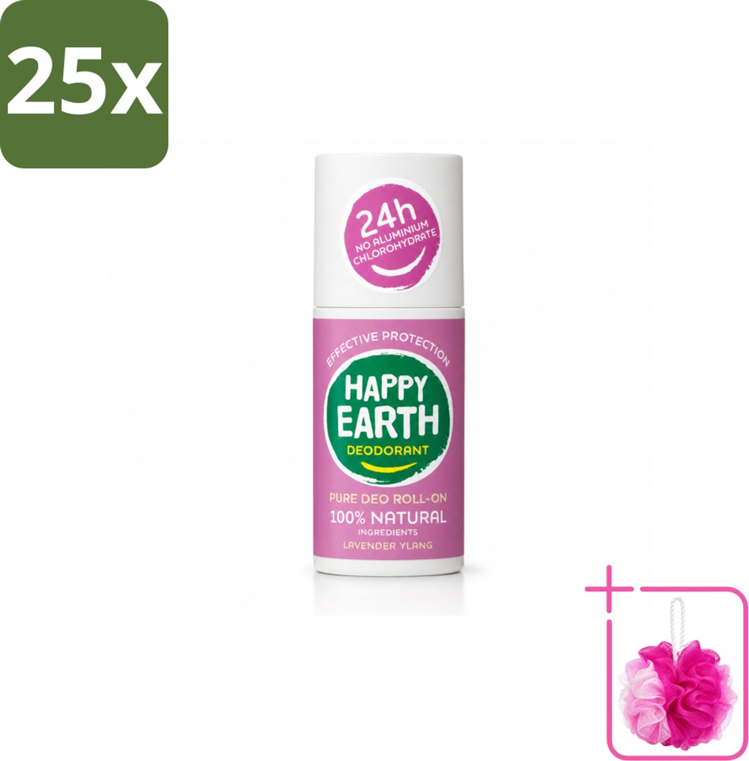 25 x Happy Earth – Deodorant Roll-On – 100% Natuurlijk Lavender Ylang – 75 ml - Bulkverpakking - Natuurlijke deodorant - Douchemop - Frisse geur
