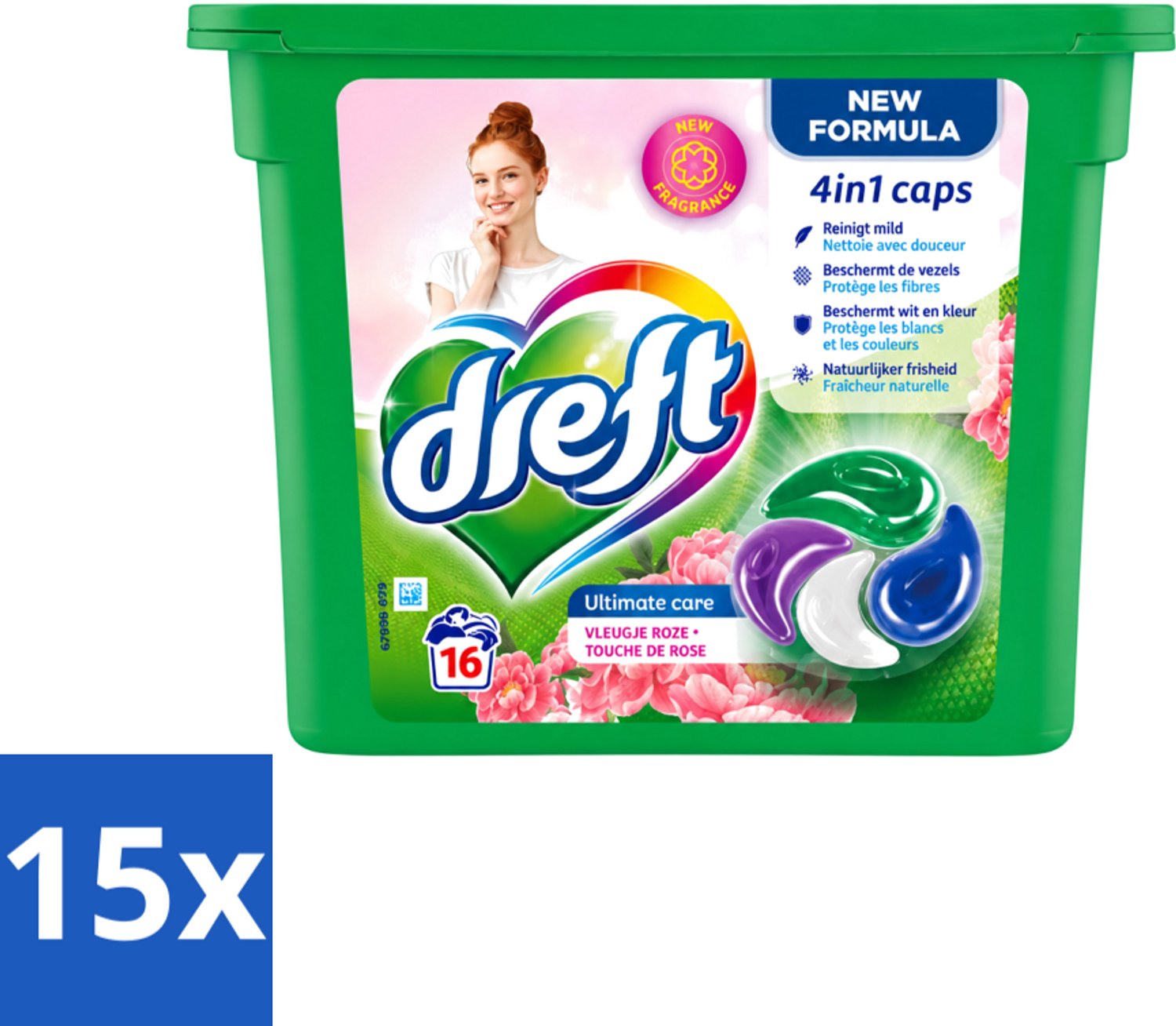 15 x Dreft - Nieuwe Formule - Wasmiddelcapsules 4in1 - Witte en Gekleurde Was - Vleugje Roze - 16 Wasbeurten - Voordeelverpakking - 15 stuks