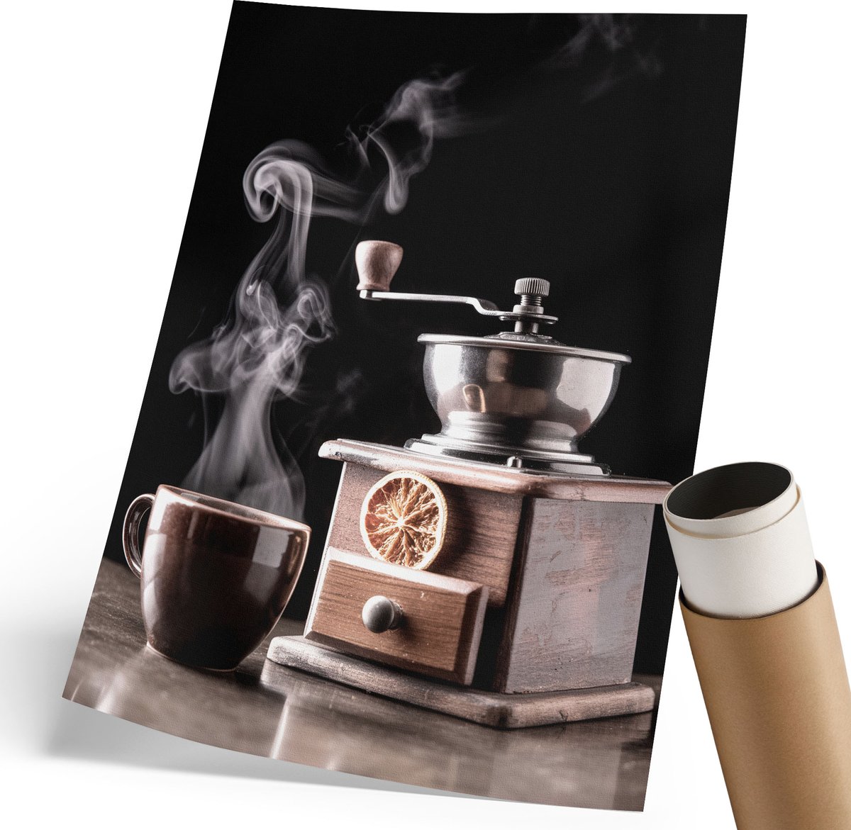 Coloray Polycanvas Poster - Koffie En Koffiemolen, Fotografie - 210 x 297 mm - Zwart Design - Rechthoek - Muurdecoratie - Woonkamer, Slaapkamer, Kantoor - Rustiek