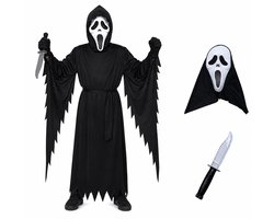 Joya Kids® Horror Geest Verkleedpak Kind | Spook Kostuum Jongens & Meisjes | Griezel Kostuum met Wit Masker | Zwart Gewaad met Capuchon & Nep Mes | Halloween Carnaval | Maat XL | 11-12 Jaar