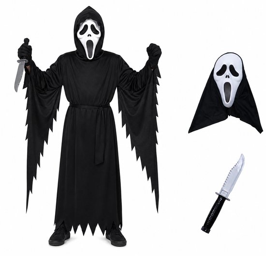 Joya Kids® Horror Geest Verkleedpak Kind | Spook Kostuum Jongens & Meisjes | Griezel Kostuum met Wit Masker | Zwart Gewaad met Capuchon & Nep Mes | Halloween Carnaval | Maat XL | 11-12 Jaar