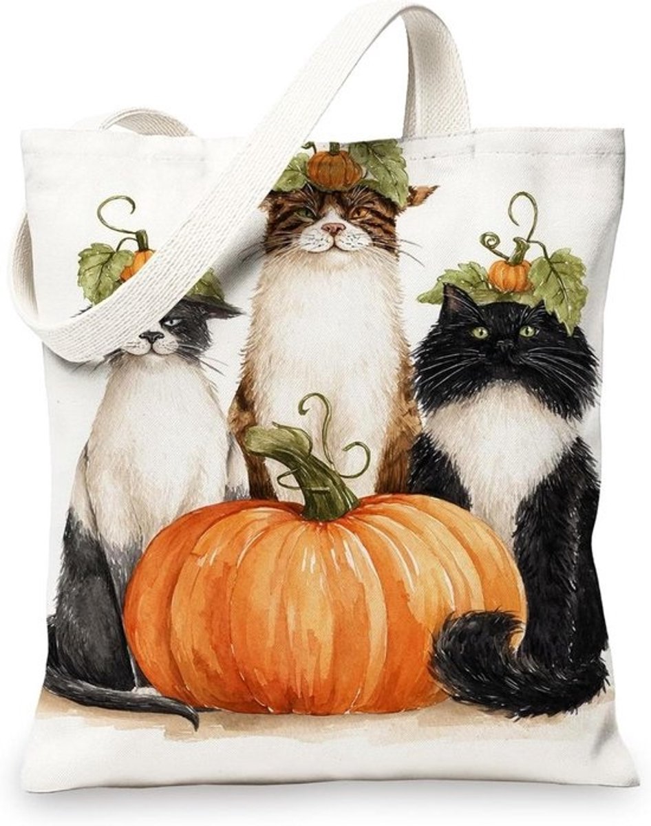 Katoenen Tas - Draagtas Boodschappentas - Boodschappen Doen - Katten Pompoen Patroon - N.v.t. - N.v.t.