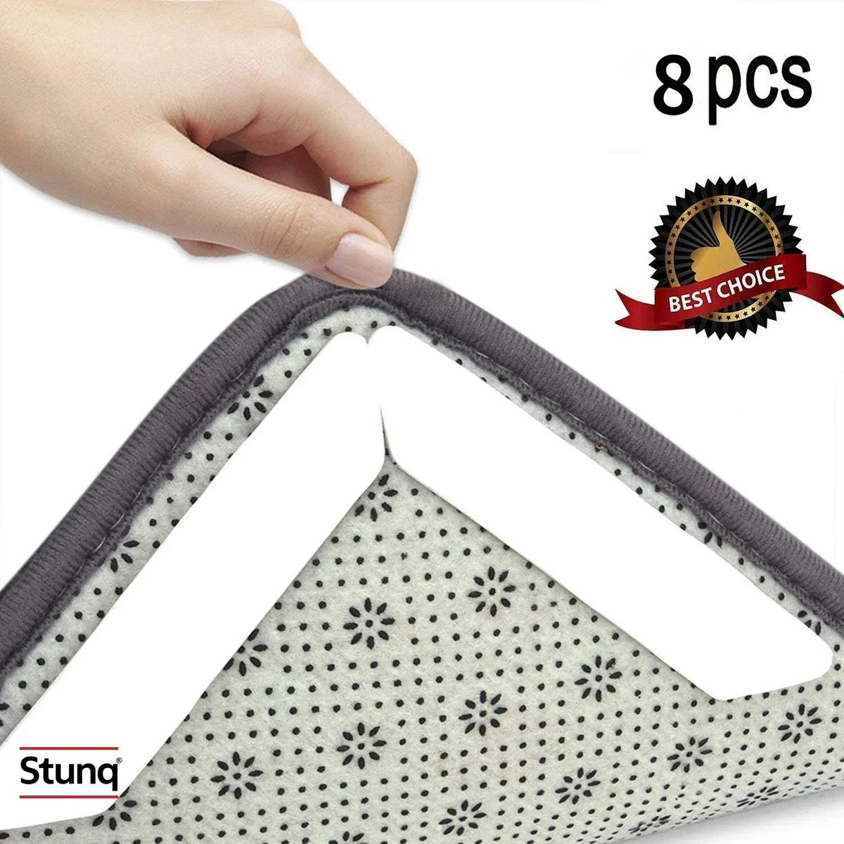 Stunq® 8 stuks transparante anti-slip hoekmatten voor vloerkleed, zelfklevend en herbruikbaar