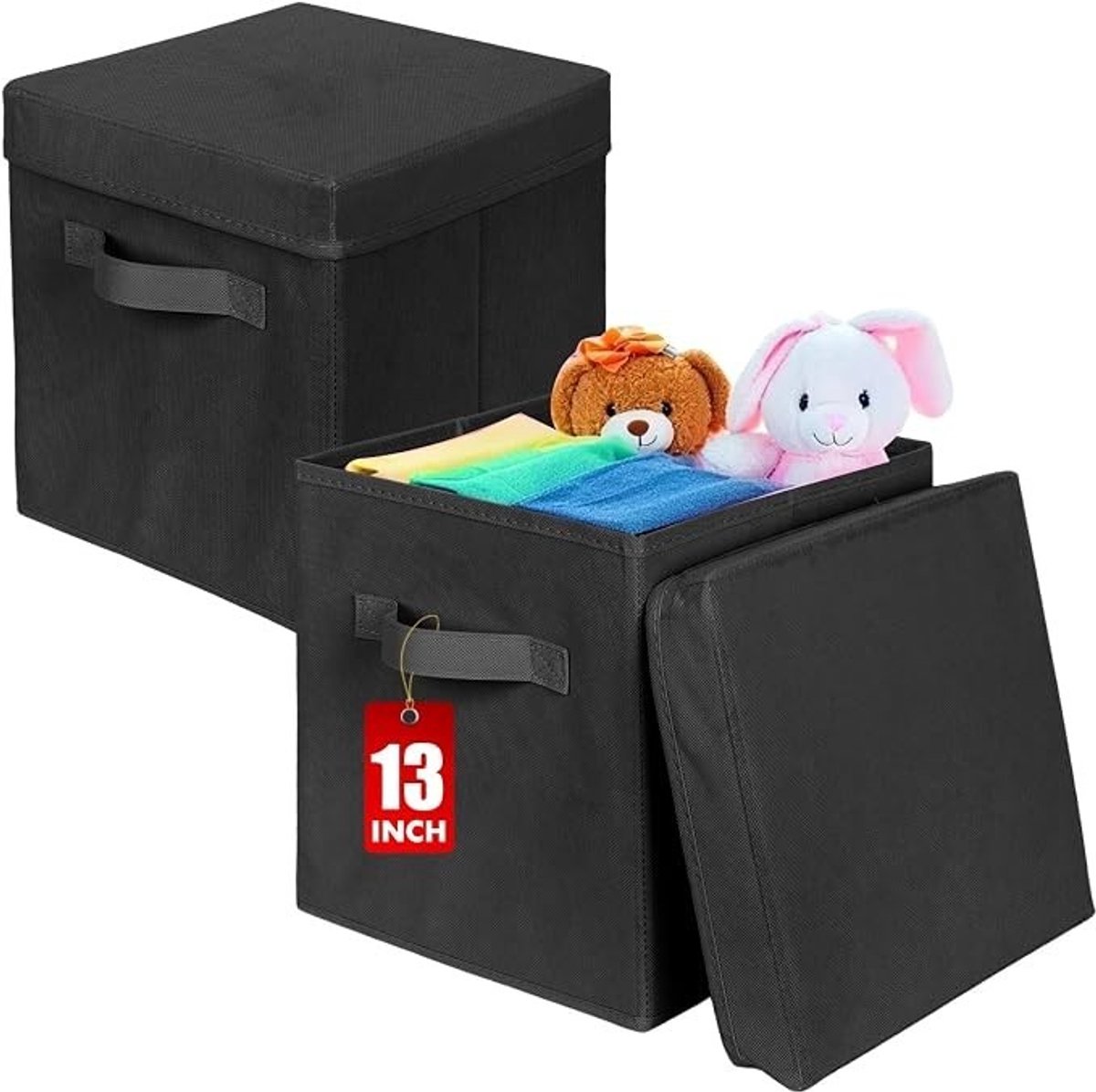 PolkaHome Opbergdoos met deksel, opvouwbare stoffen opbergmand, 2 stuks, 33x33x33 cm, zwart