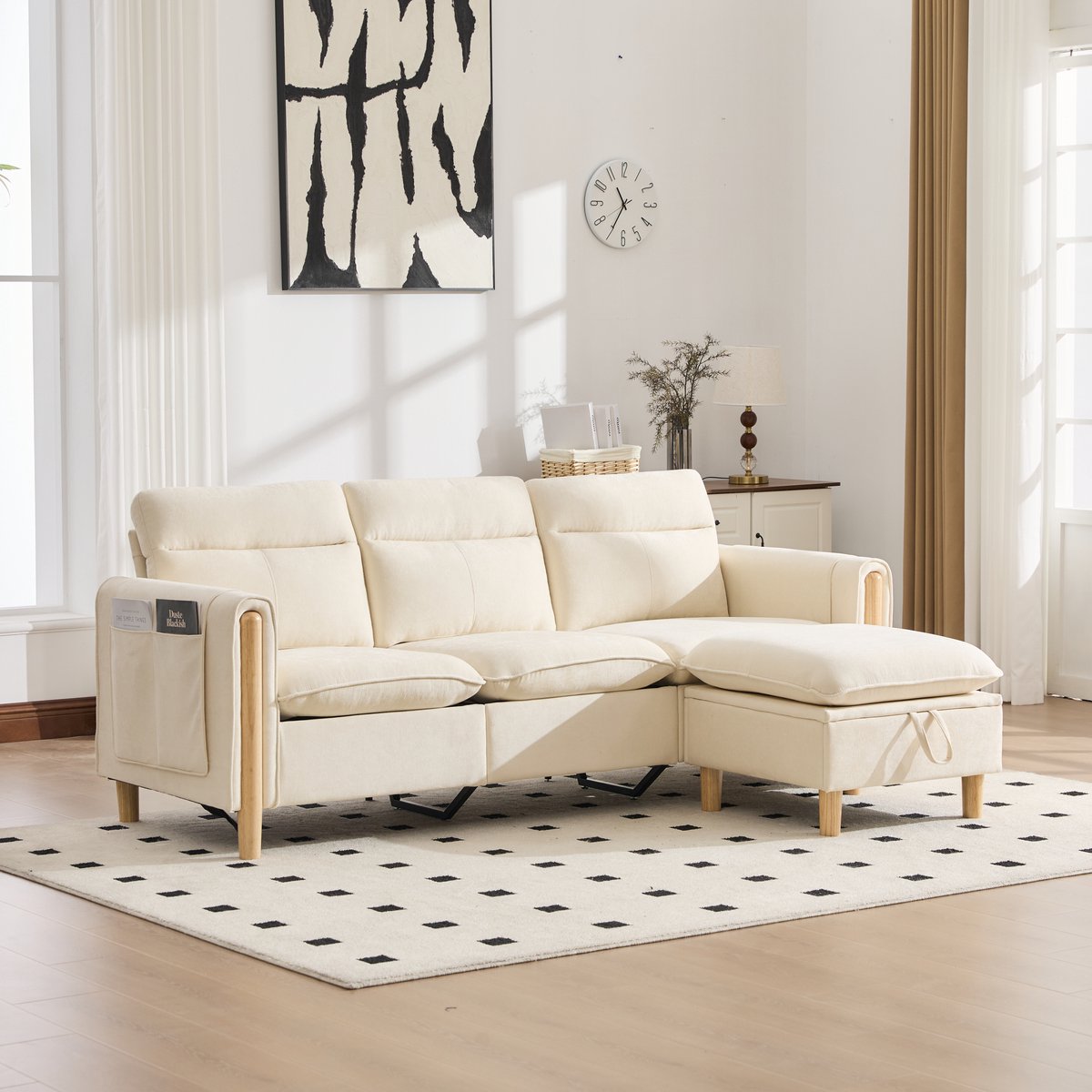 Zitbank - 201 x 77 x 86 cm - chenille bekleding - met opbergruimte - modulair samen te stellen - inclusief kussens - met armleuningen - Beige