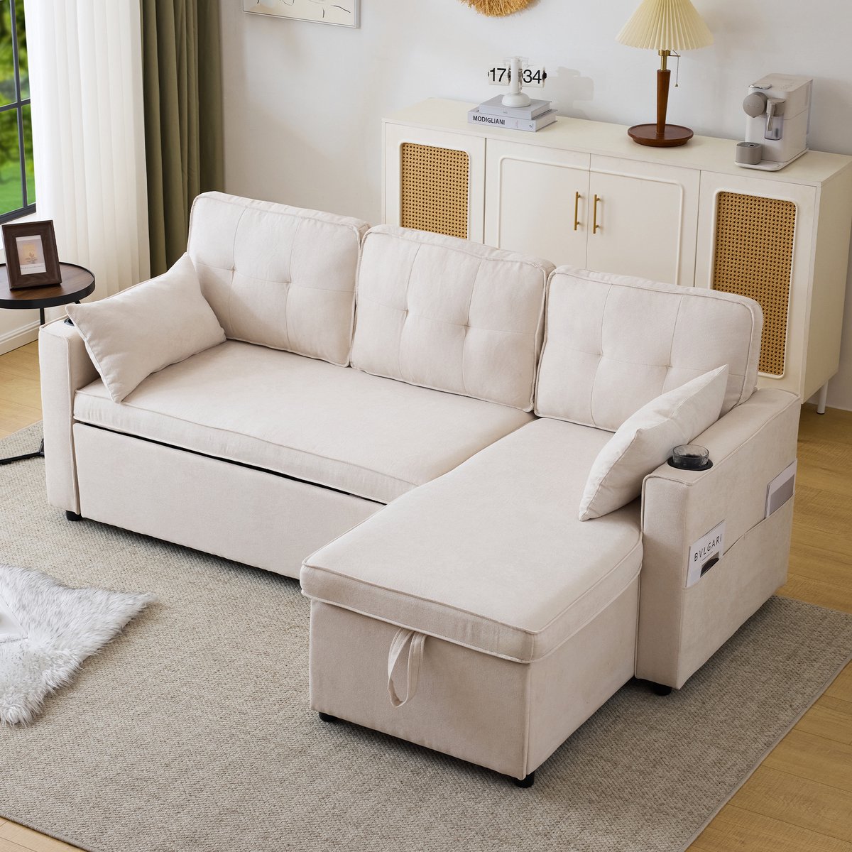 Slaapbank - 211 x 129,5 x 86 cm - linnenlook bekleding - met slaapfunctie - met opbergruimte - met bekerhouders - inclusief kussens - met stevig frame
