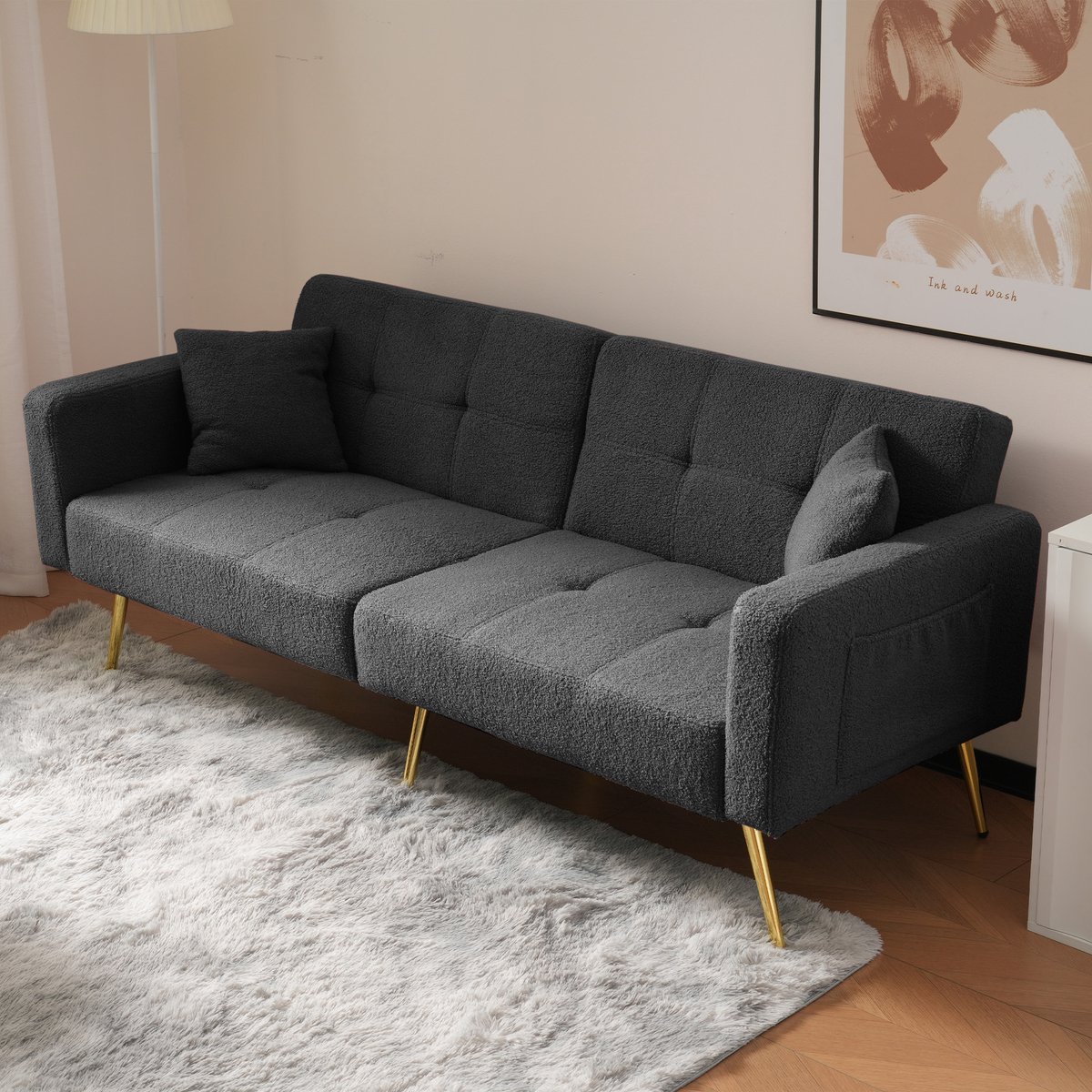 Slaapbank - 175 x 64 x 72 cm - met schuimvulling - met slaapfunctie - met verstelbare rugleuning - met opbergruimte - inclusief kussens - Antiekgrijs
