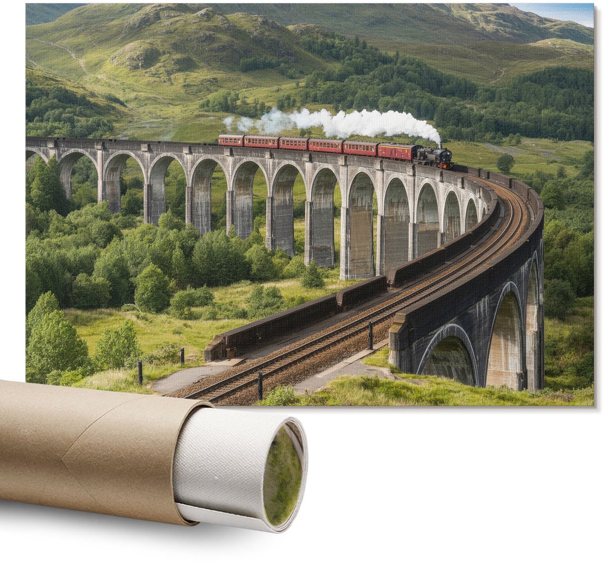 Coloray Polycanvas Wandposter – Trein op het Viaduct, Groen – A1 – Zwart-Wit Illustratie – Rechthoek – Wandkunst – Woonkamer – Klassiek