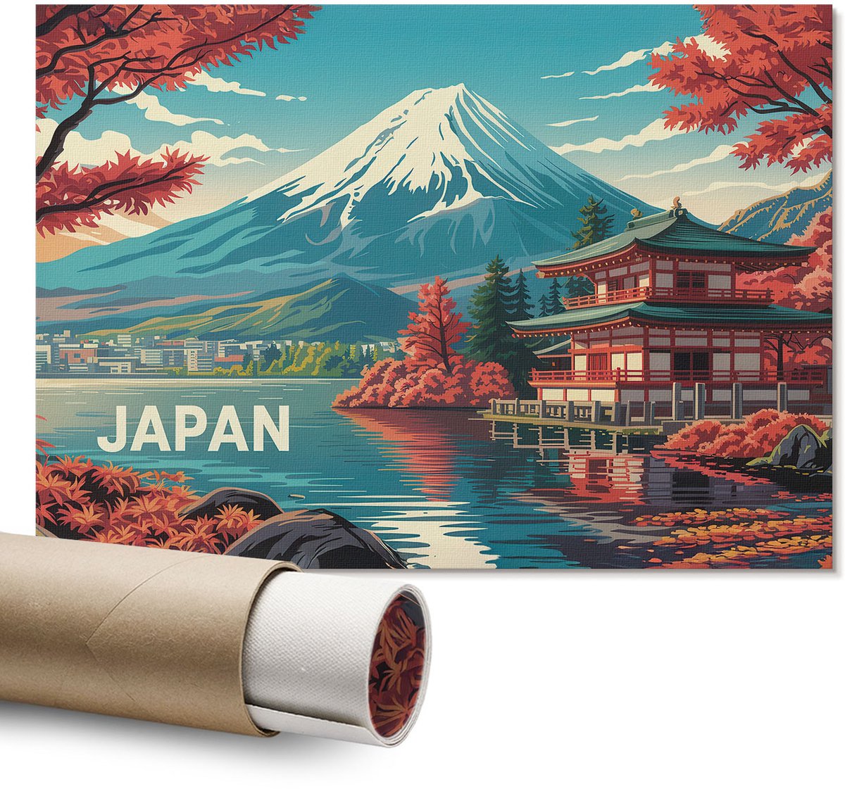 Coloray Polycanvas Wandposter – Japans Landschap, Blauw – A1 – Turkoois Wandposter – Rechthoek – Decoratieve Wandposter – Woonkamer – Modern