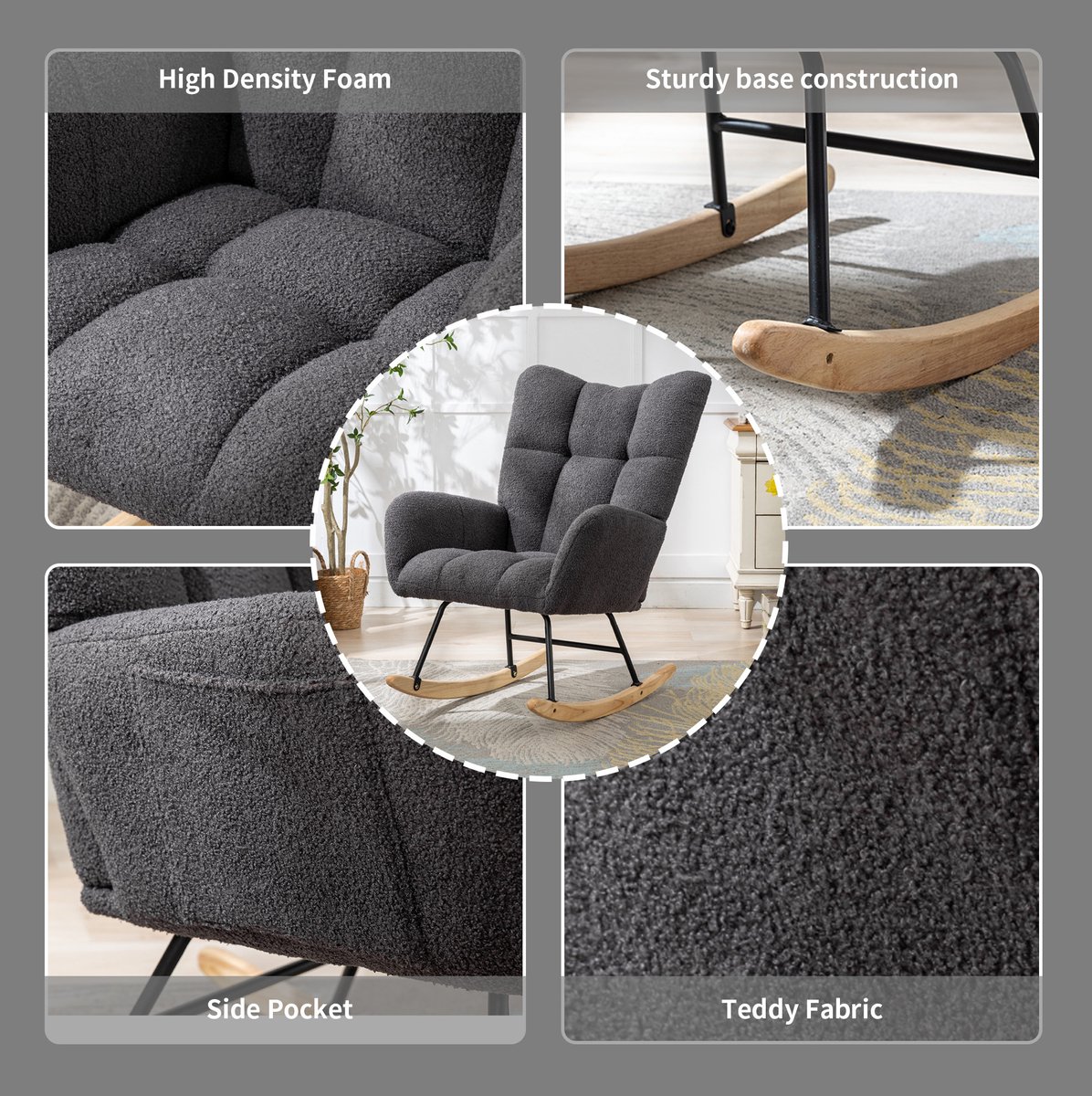 OKWISH Schommelstoel - Teddy Fauteuil met Armleuningen en Zijvak - Ergonomisch Ontwerp met Hoge Rugleuning - Voor Woonkamer, Slaapkamer of Kinderkamer - Teddy Stof - Grijs