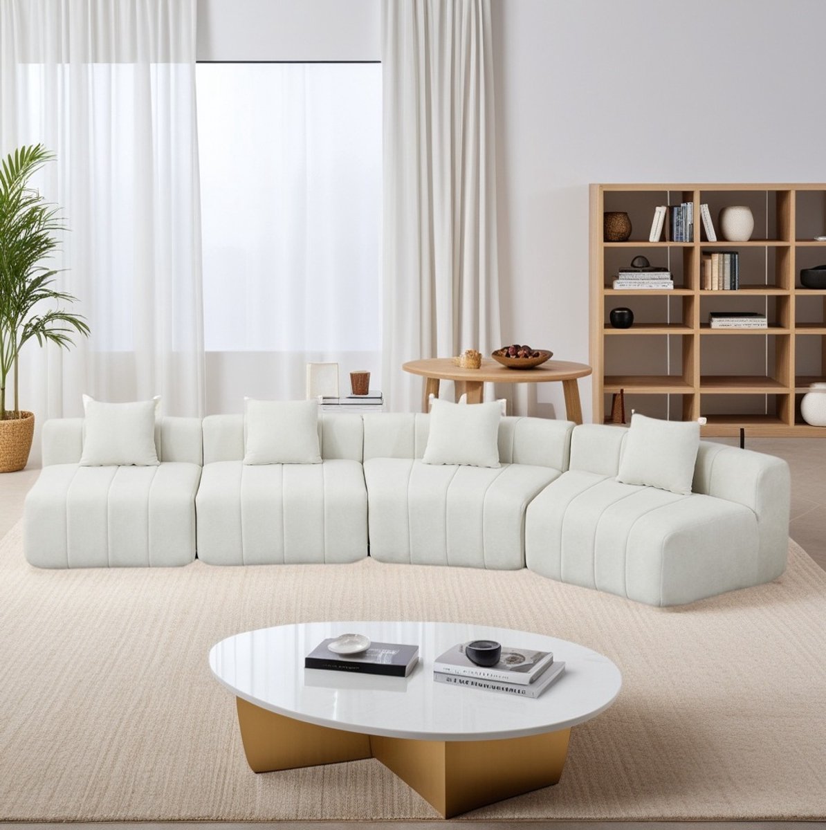 OKWISH Modulaire Bank – 4-Zits Gebogen Sofa – Met 2 Kussens, Halfronde Opstelling & Zonder Montage – Woonkamer – Chenille – Beige
