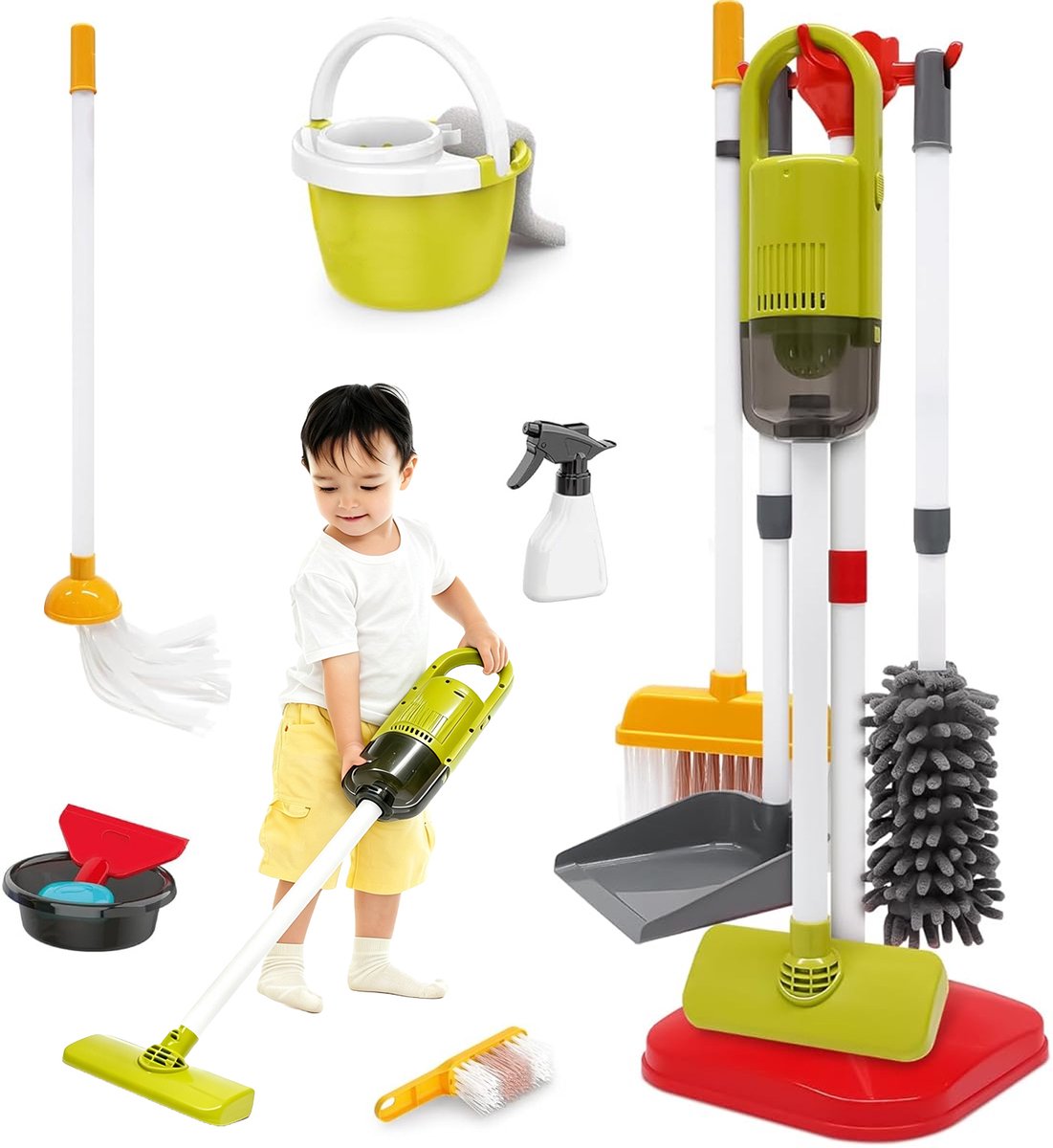 Montessori Kinder Schoonmaakset - Speelgoed Schoonmaak Set - Rollenspel Speelgoed - met Stofzuiger & Bezem & Stoffer - Bevordert Samenwerking & Fijne Motoriek - Veilig ABS - Educatief Speelgoed - Voor Peuters en Kleuters
