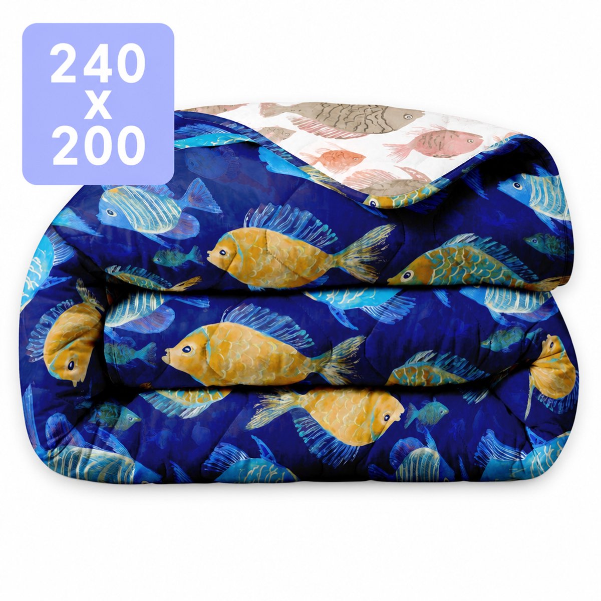 HappyBed Dekbed zonder overtrek 240x200 - Wasbaar Dekbed - Bedrukt dekbed zonder hoes - Hoesloos Dekbed - Lits Jumeaux - Fish