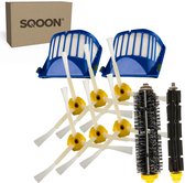 SQOON robotstofzuiger onderhoudsset met 2 blauwe HEPA-filters, 4 witte zijborstels en 2 zwarte/grijze borstels.