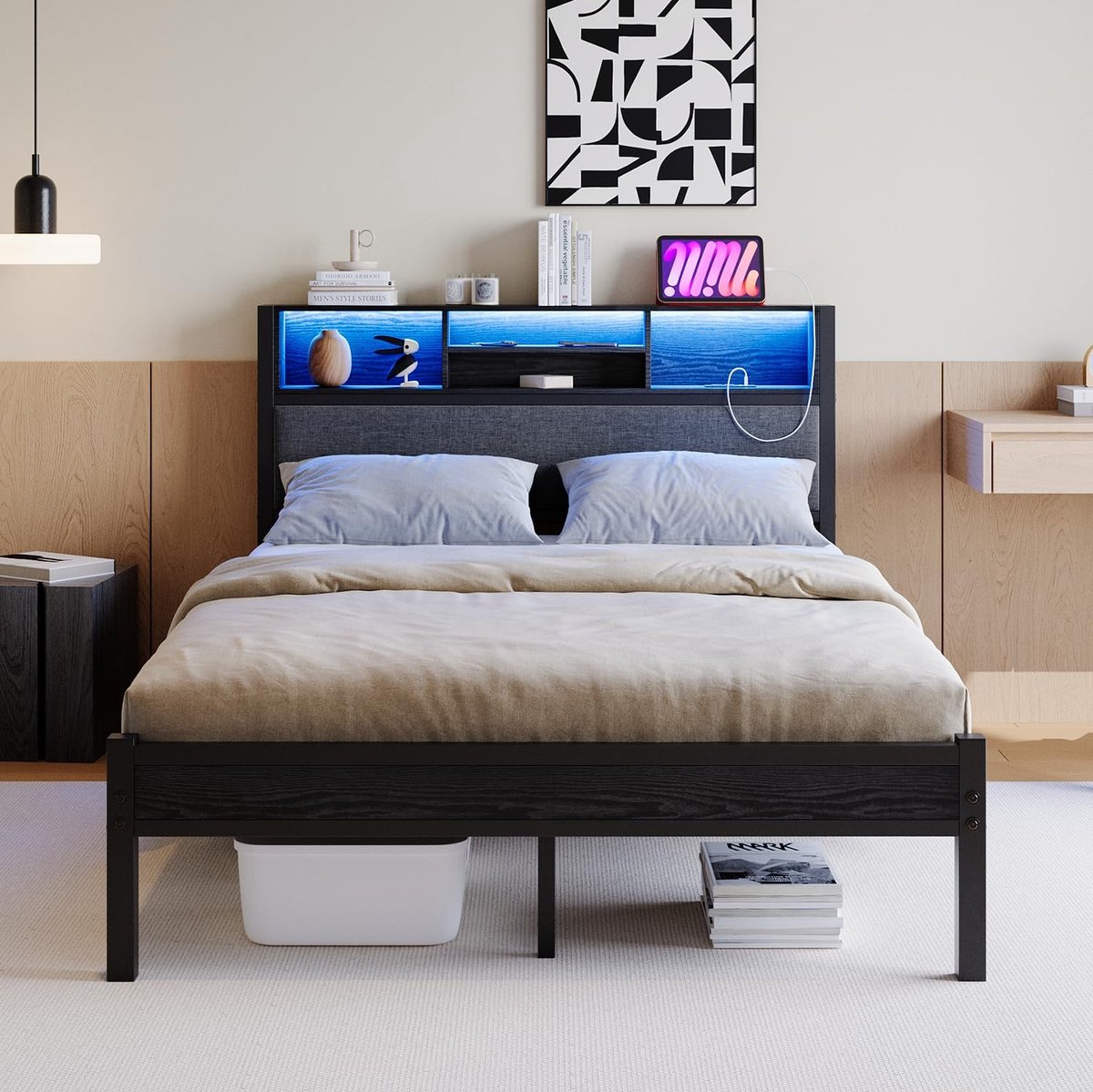 Metal Bed Frame 120 x 200 cm, with LED Lighting and Charging Station, Youth Bed Frame 120 x 200 cm, with Padded Headboard and Storage Space, No Slatted Frame Required, Silent, Black + Grey