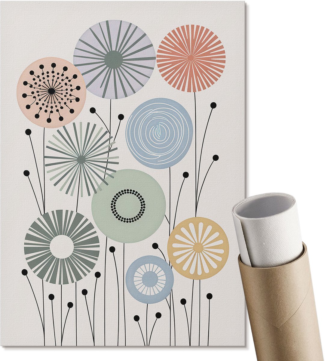 Coloray Canvas Poster Polycanvas - Geometrische Bloemen, Illustratie - A4 - Beige Patroon - Rechthoek - Kunstposter - Woonkamer, Slaapkamer, Kantoor - Modern
