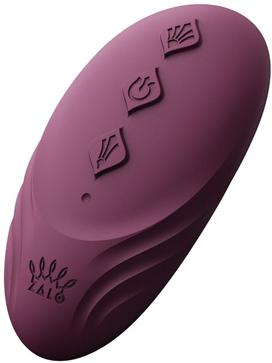 Appareil ovale violet avec trois symboles sur le dessus.