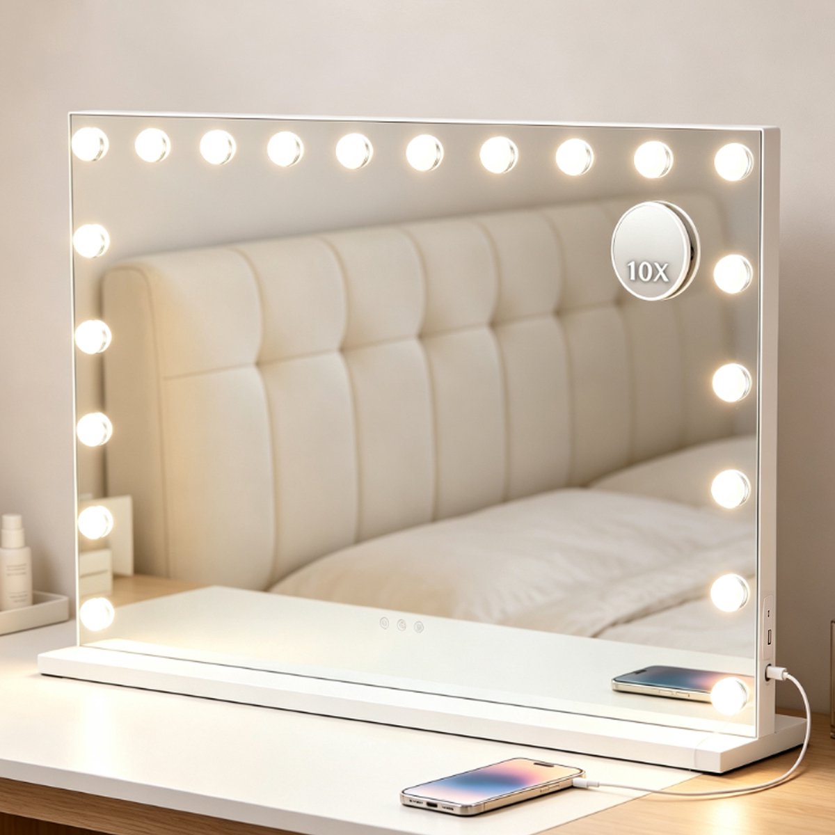 ANTENLICHT Make‑up Spiegel - Hollywood Spiegel 90x60CM met Verlichting - 20 Dimbare LED Lampen - 10x Vergroting - 3 Lichtstanden - USB & USB‑C Oplaadporten - Touch Bediening - Wit