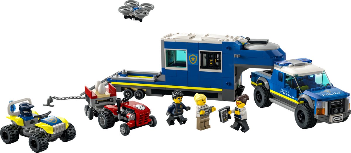 LEGO® City Mobiele commandowagen politie 60315 bouwset voor kinderen vanaf 6 jaar; met een pick-uptruck en aanhanger met gevangenis, een terreinwagen en een drone, een tractor met eier-aanhanger en 4 minifiguren (436 onderdelen) — afbeelding 5
