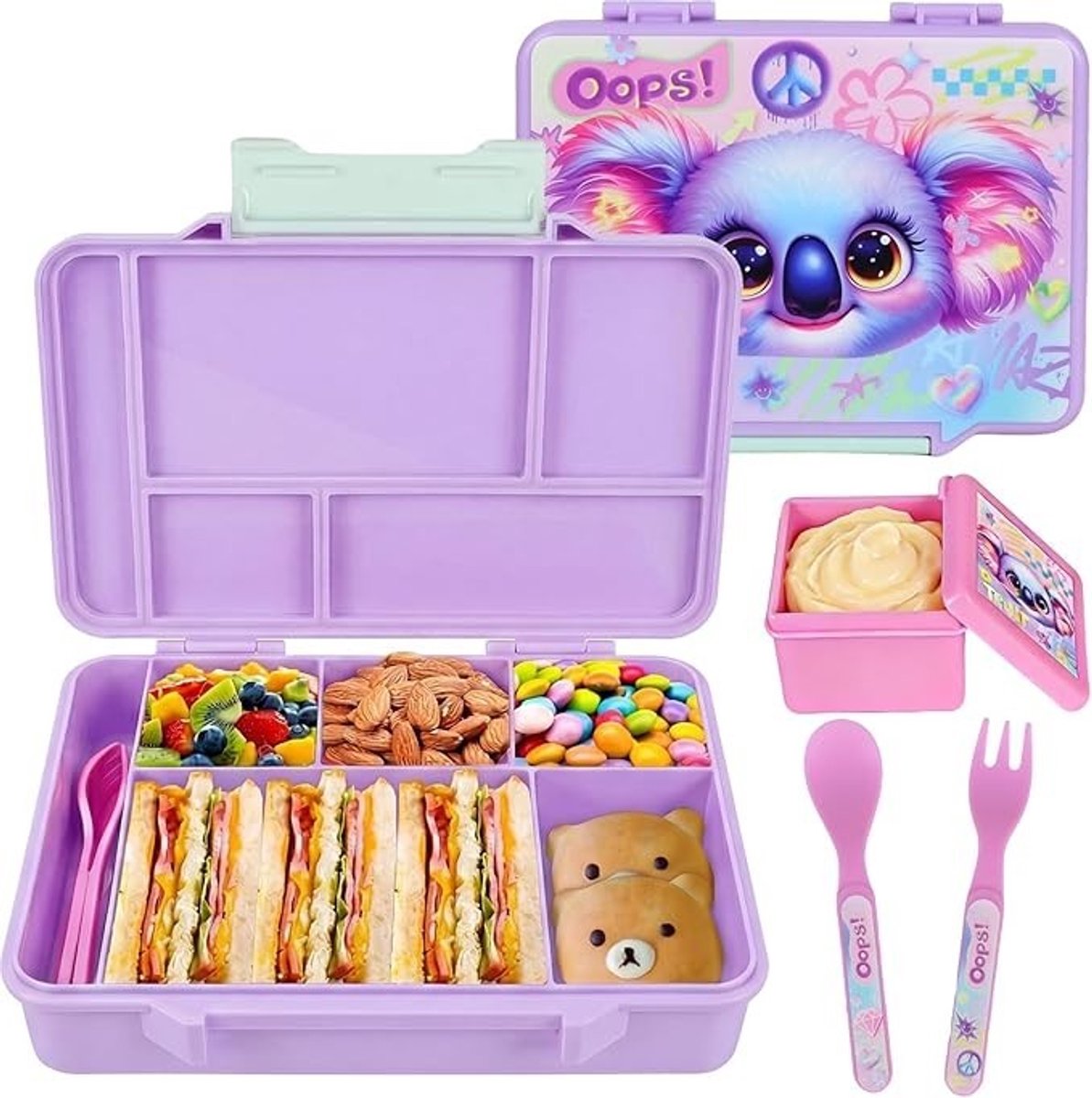 PolkaHome Bento Lunchbox voor Kinderen met Vakken, Bestek en Koala Print - 1300 ml, BPA-vrij, Lekvrij