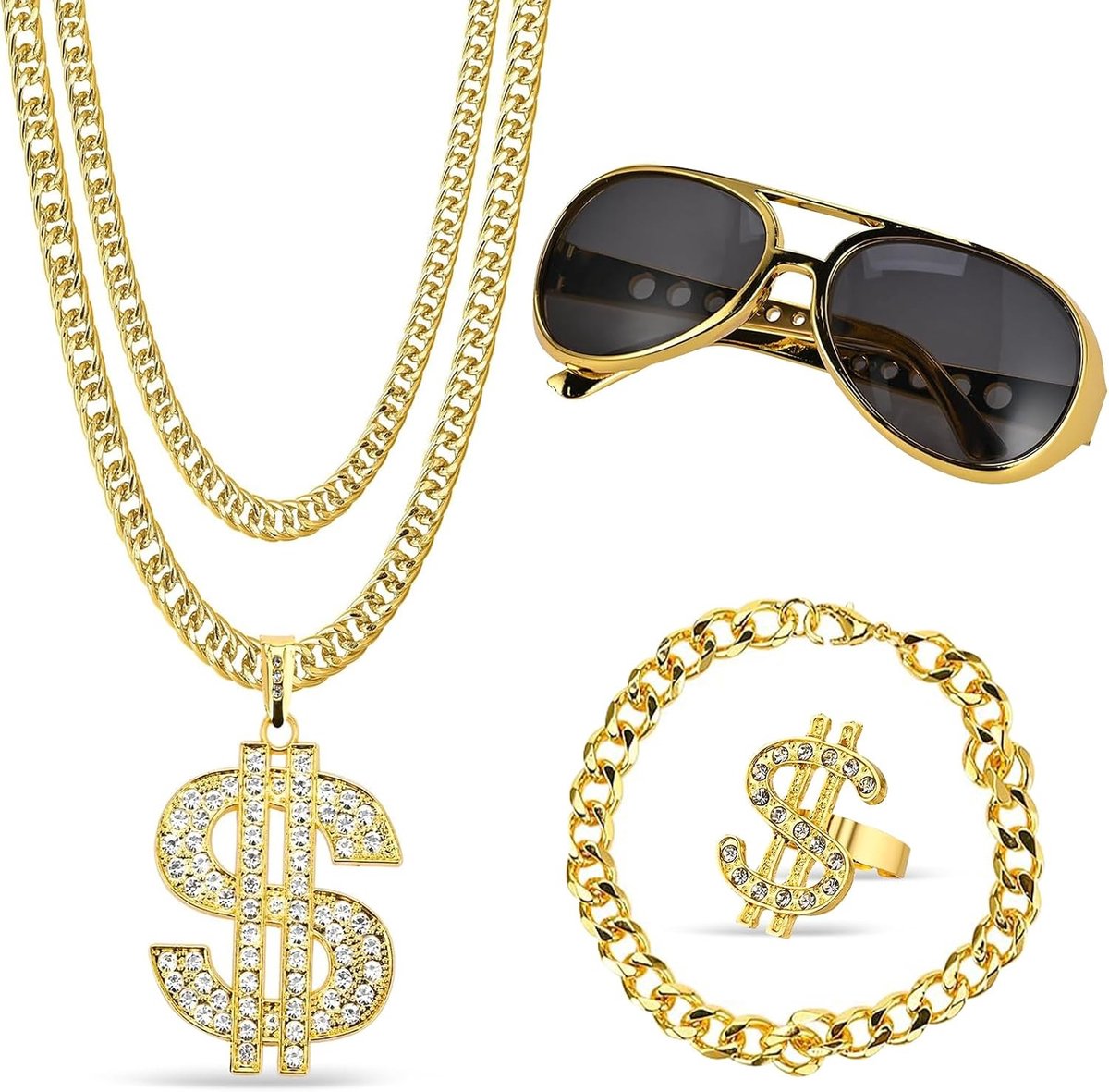 Hip Hop Kostuum Set voor Mannen - 80s en 90s Stijl met Gouden Ketting, Dollar Ketting en Accessoires voor Carnaval en Feestjes