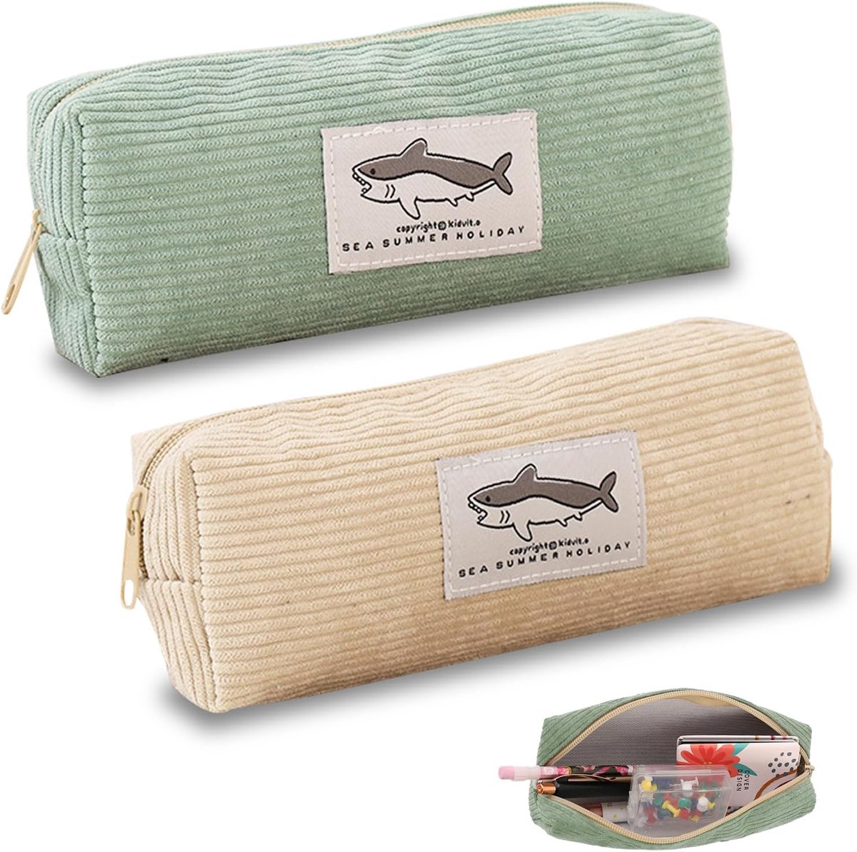 2 Stuks Grote Studie Etui - Multifuntionele Rits Potloodzak in Beige en Groen