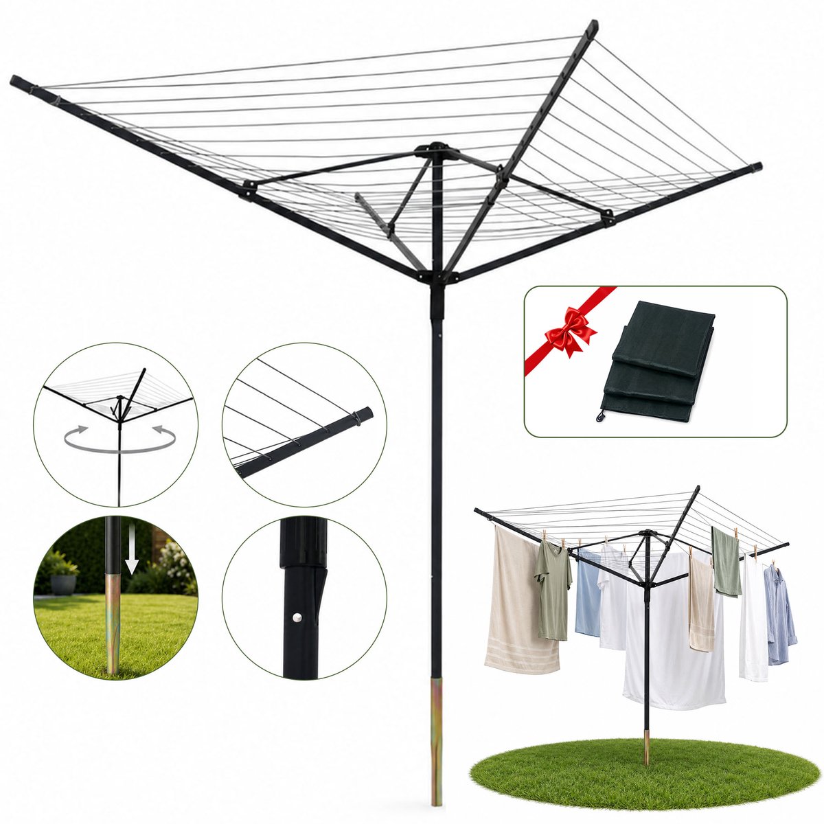 Wishdor Droogmolen 50 meter - 360 graden draaibaar - Met metalen grondpen en beschermhoes - In hoogte verstelbaar - Voor tuin en buiten - Metaal - Zwart - 182 x 165 x 215 cm