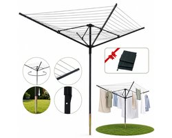 Wishdor Droogmolen 50 meter - 360 graden draaibaar - Met metalen grondpen en beschermhoes - In hoogte verstelbaar - Voor tuin en buiten - Metaal - Zwart - 182 x 165 x 215 cm