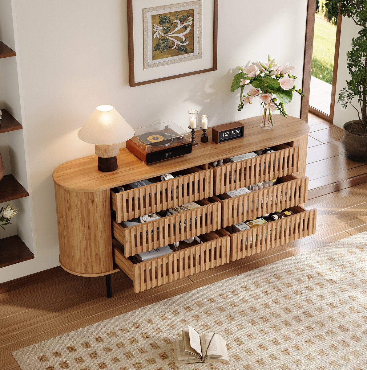 MODENUIT Dressoir - 6 Lades Met Lamellenfront - Voor Woonkamer En Hal - MDF En Metaal - 160x40x70 Cm - Natural