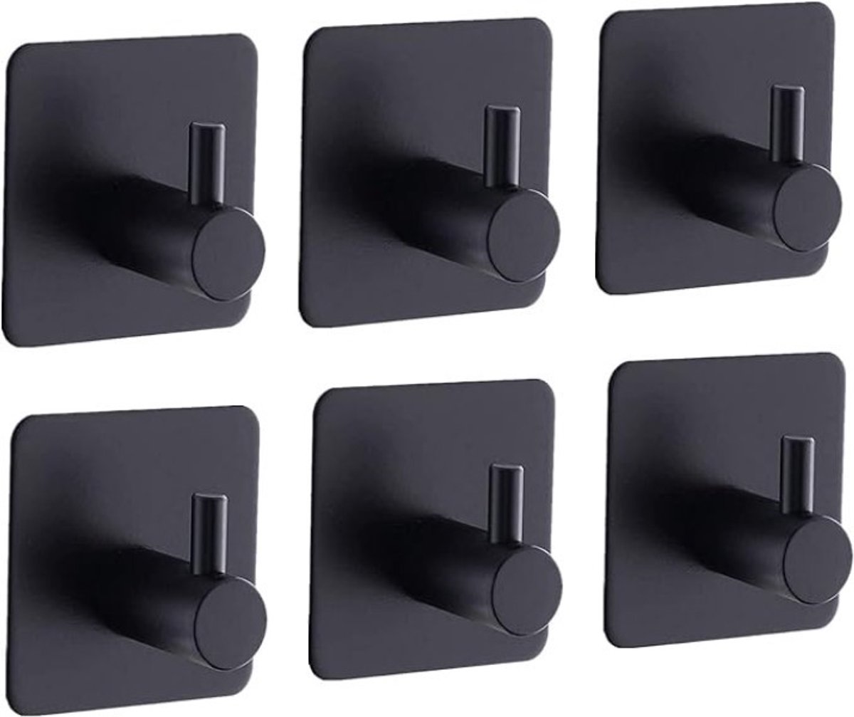 PolkaHome Zelfklevende Handdoekhaken - 6 Stuks - Mat Zwart - Wandhaken zonder Boren voor Badkamer, Toilet en Keuken