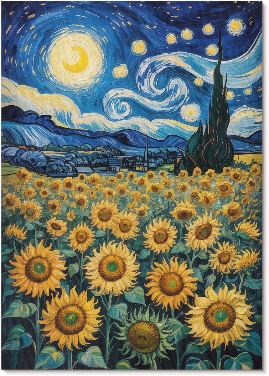 Tulup Polycanvas Poster - Sterren En Zonnebloemen, Schilderen - A4 - Blauw Motief - Rechthoek - Muurdecoratie - Woonkamer, Slaapkamer, Kantoor - Romantisch
