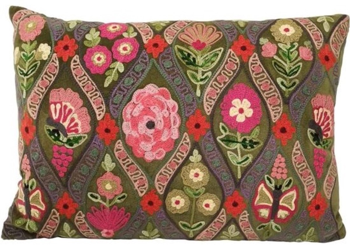 Decoratief kussen - Sierkussen bankkussen - Woonkamer decoreren - Handgemaakt met bloemenborduurwerk - 48x30 cm - Groen
