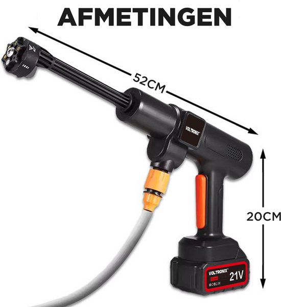 VOLTORNIX™ Elektrische Hogedrukreiniger op Accu 70 Bar - Draadloze Hogedrukspuit - Inclusief 1x Accu 21V / 3000 mAh - 90 Min Gebruik - Zelfaanzuigend –Terrasreiniger - Incl. 6-in-1 Verstelbaar Mondstuk, Aanzuigslang & Koffer. — afbeelding 2
