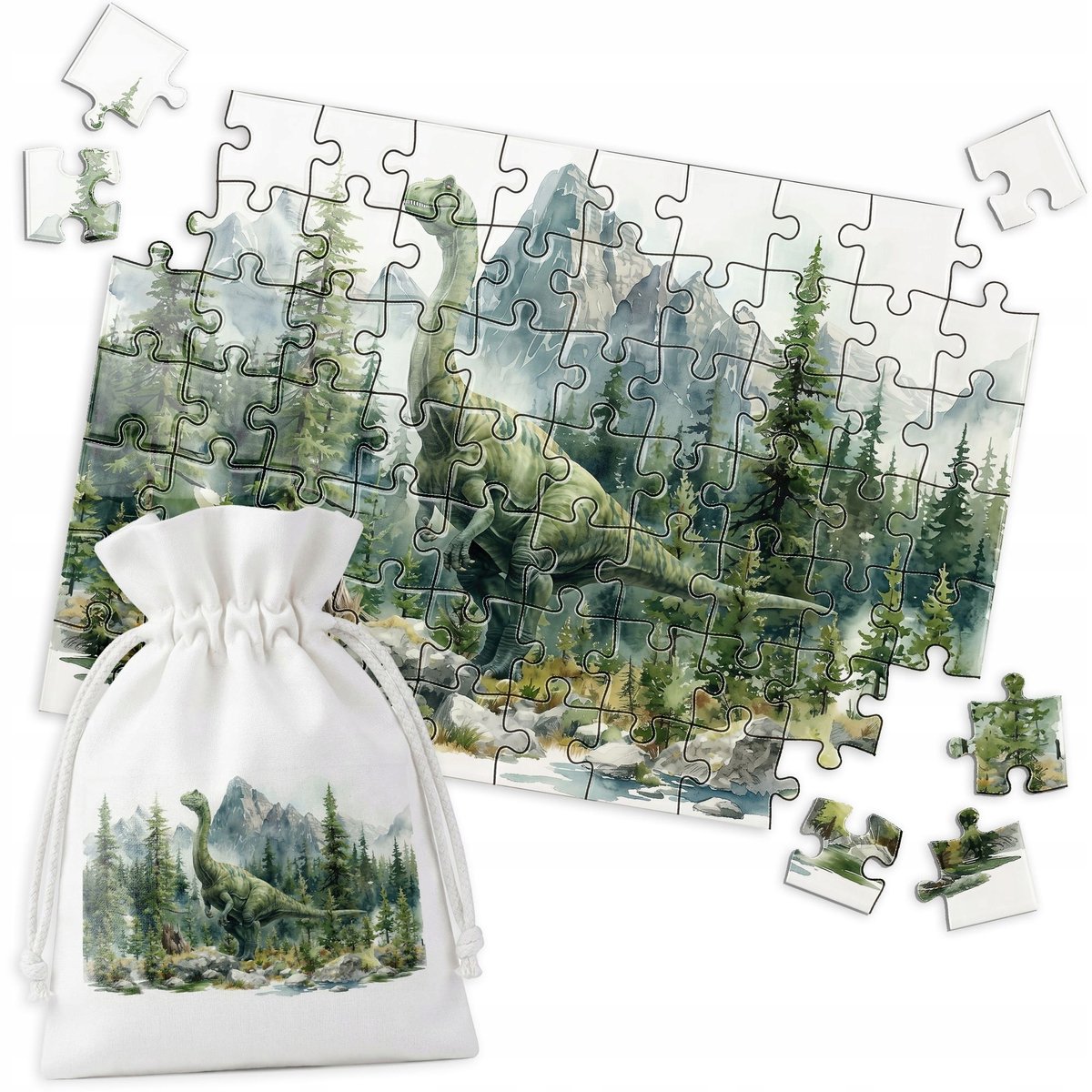 70-delige Puzzel: Dinosaurus in Bos - Aquarel Stijl